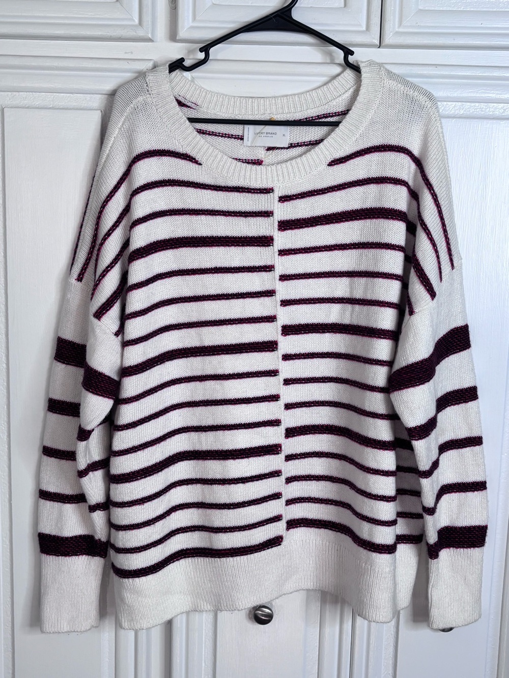 Lucky Brand White Sweater with Burgundy Stripes sz XL